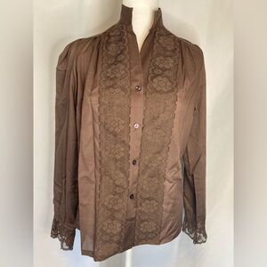 Vintage Carefree Fashions Brown Lace Blouse Small Square Dance Prairie Peasant